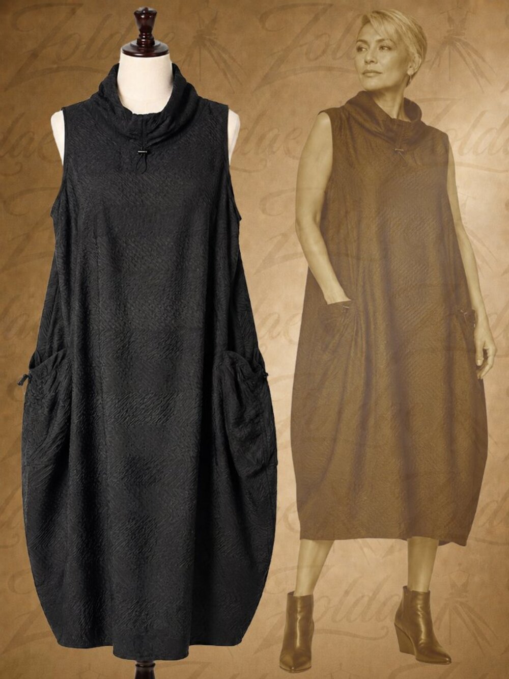 IC Collection Black Textured Cocoon Dress XL Lagenlook Artsy Pockets USA